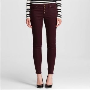 Mossimo Super Stretch Mid Rise Burgundy Skinny Jeans with Button Fly, Size 6